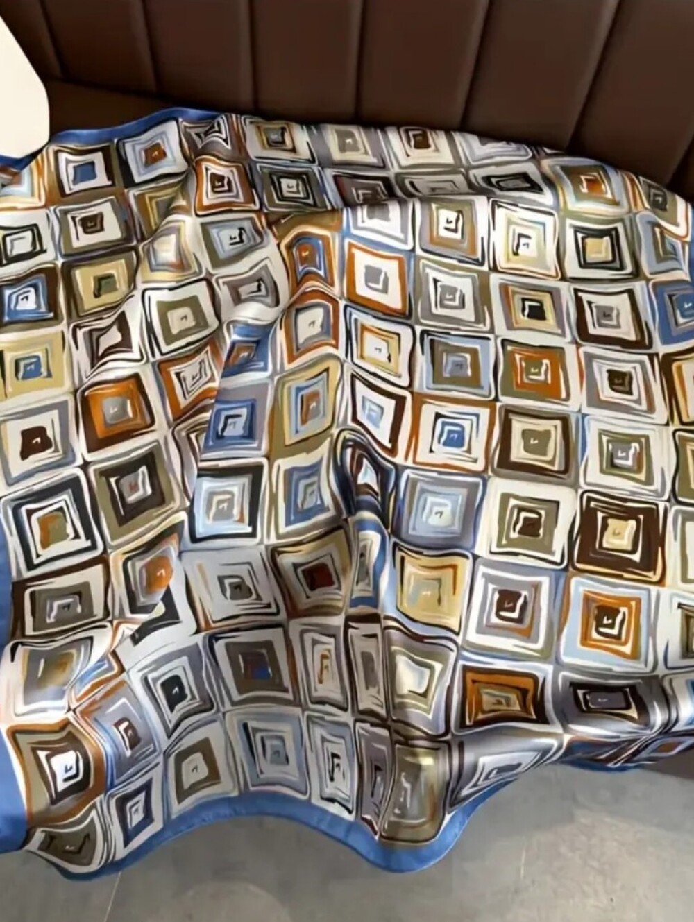 Geometric Square Print Silk Scarf in Blue, Gold & Brown